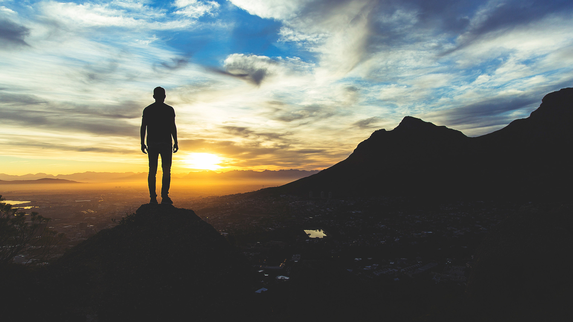 Alone Man At Sunset Sky Hill