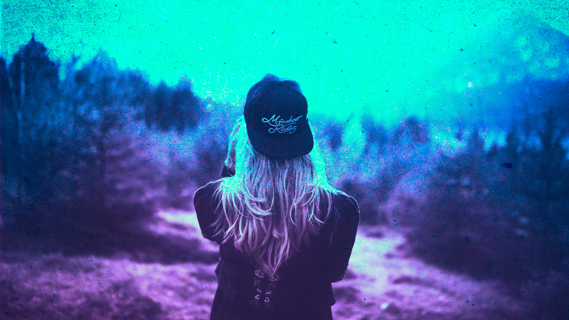 Blonde Girl Cap Colorful Cyan Photography