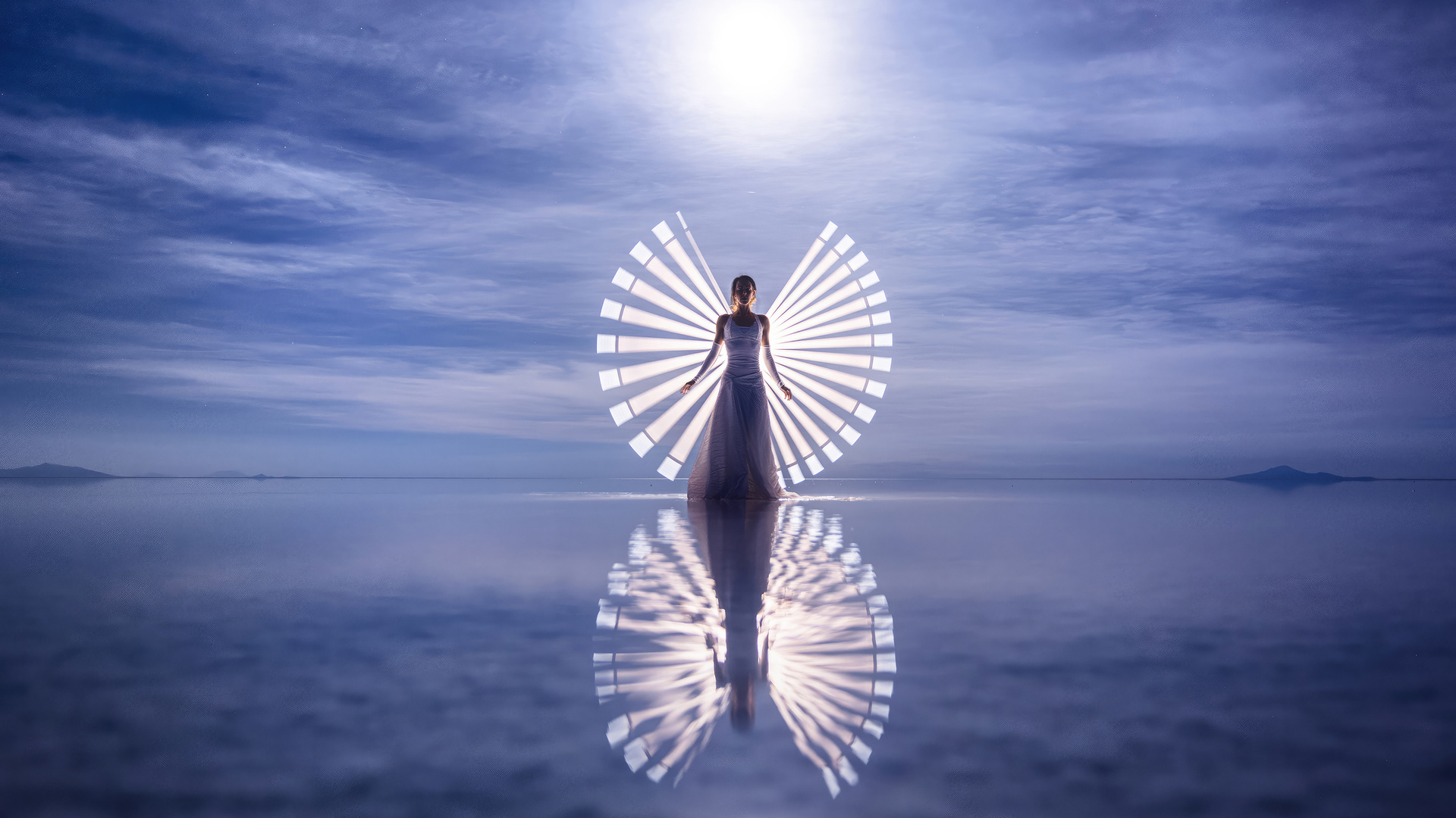 Brushstrokes Of Light Capturing A Girl In White Dress Presence