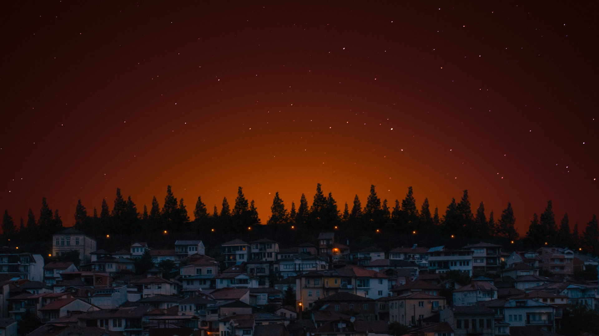 City Of Lights Houses And Trees Dark Evening 5k