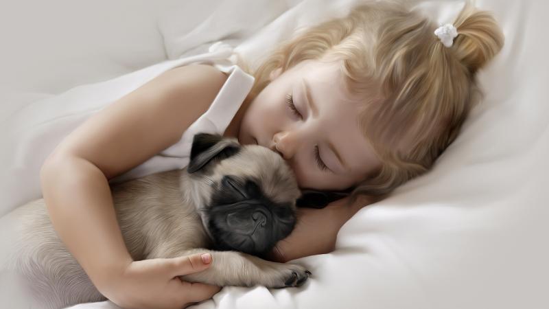 Adorable Little Girl Sleeping with Pug Puppy