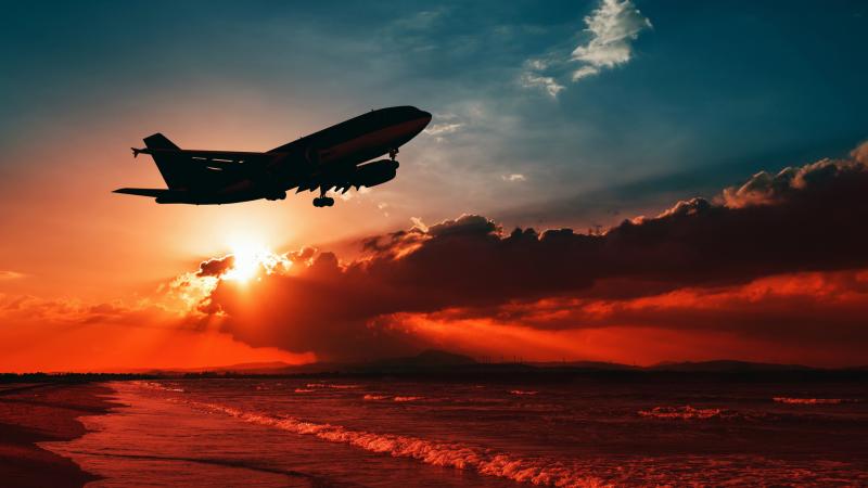 Airplane Flying Over Beach Shore Sunset 5k