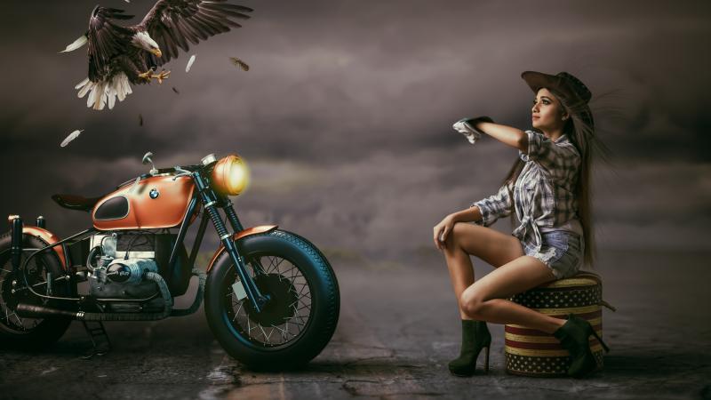 Beautiful Woman Cowgirl Hat Alongside With Bmw Bike Eagle
