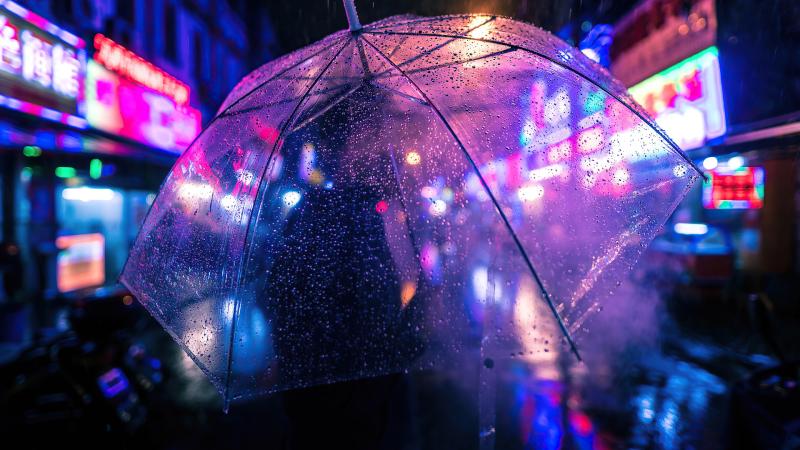 Closeup Umbrella Neon Night Photography 4k