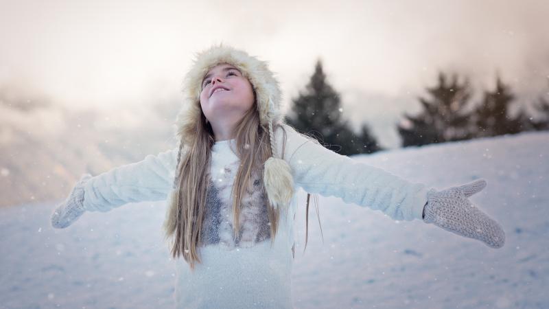 Girl Wearing Cap Gloves Snow Playing