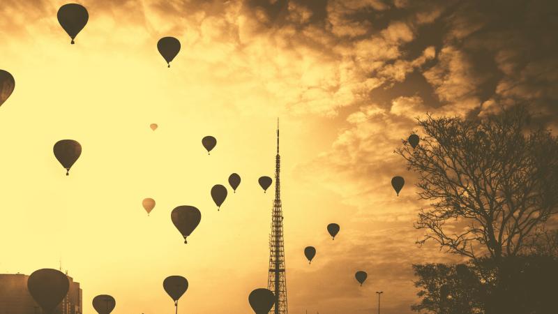 Hot Air Balloons Tower Orange Contrast Clouds 5k