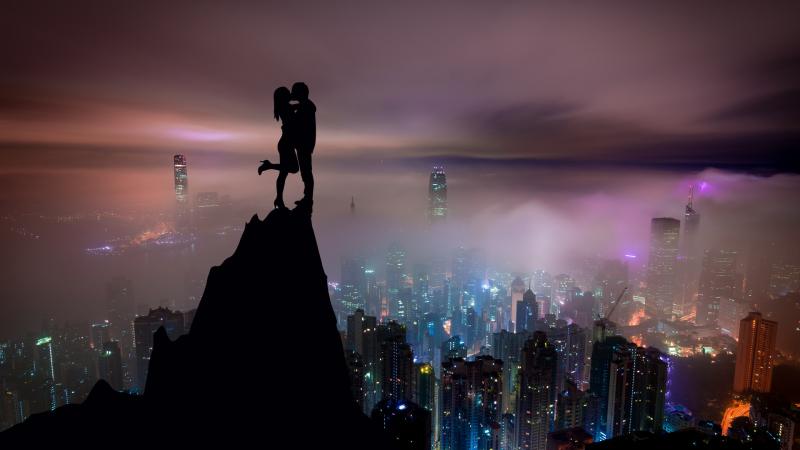 Kiss On Mountain Top Skycrappers Buildings Illustration