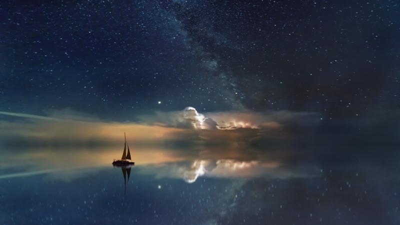 Lake Mirror Reflection Stars Boat Milky Way 5k