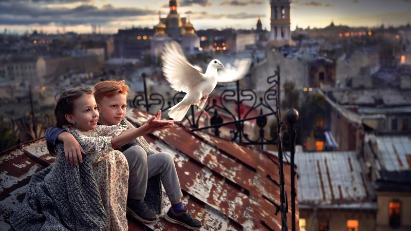 Little Boy And Girl Pigeon Roof 4k