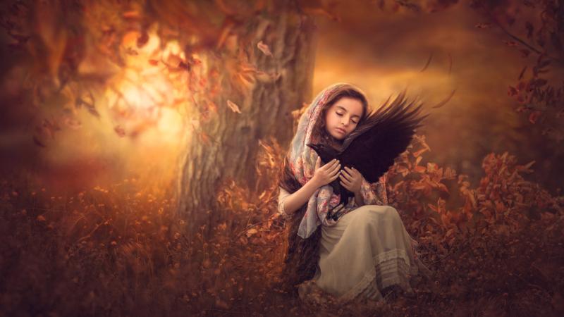 Little Girl With Bird Sitting On Lap 5k - Wallpaper Download