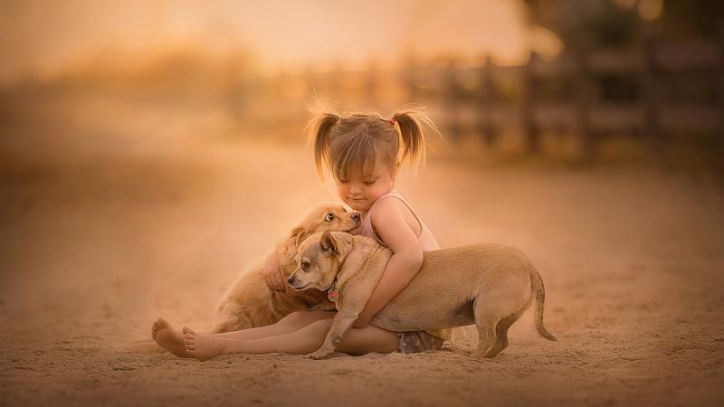Little Girl With Cute Pups