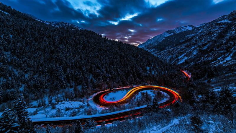 Long Exposure Lights Road Forest Snow 5k