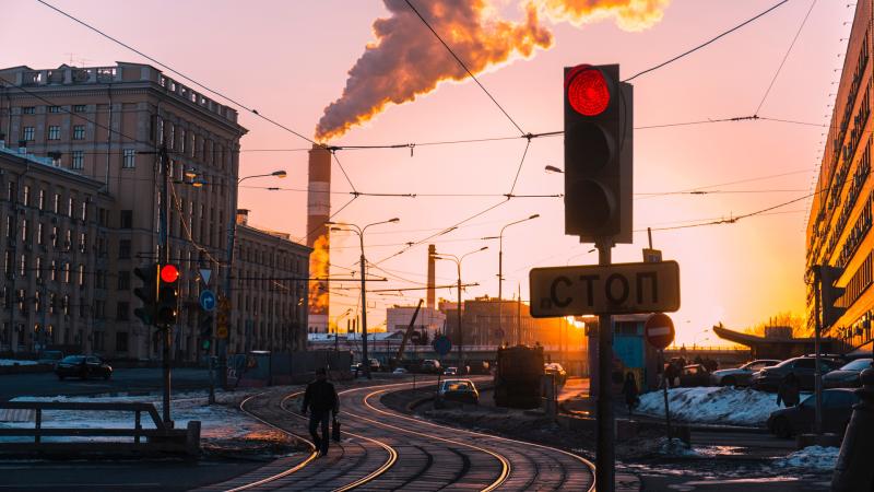 Morning City Traffic Lights Smoke Train Industry Chimney