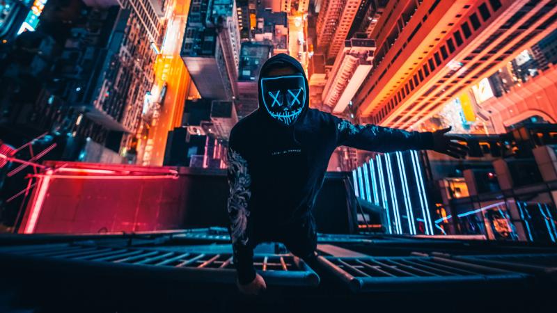 Neon Mask Guy Climbing Building 4k