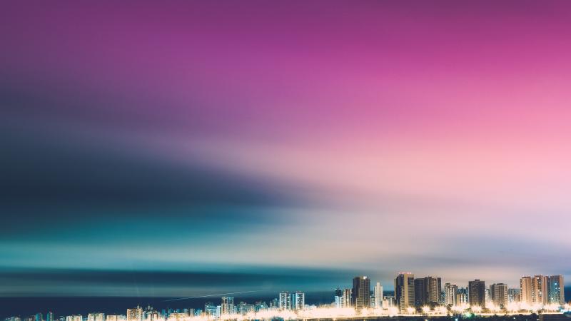 Skyline Purple City Skycrapper 4k