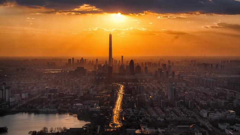 Tall Buildings Tower Sun In Clouds Lake Cityscape 8k