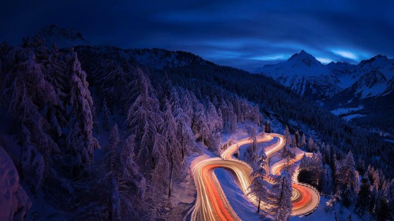 Time Lapse Photography Forest Landscape Mountain Night Road Snow