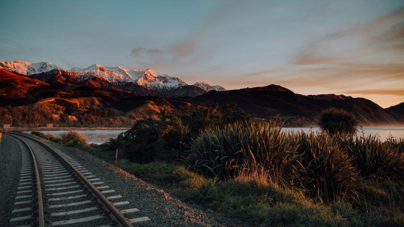 Train Track Ocean Beach Mountain Photography 5k - Wallpaper Download