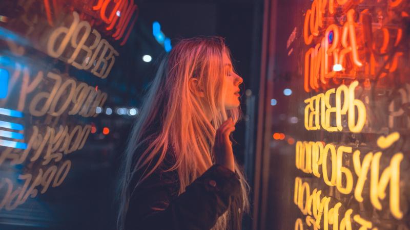 Women Reflection Blonde Long Hair Neon 4k