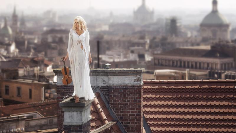 Women With Violin Standing On Roof 4k