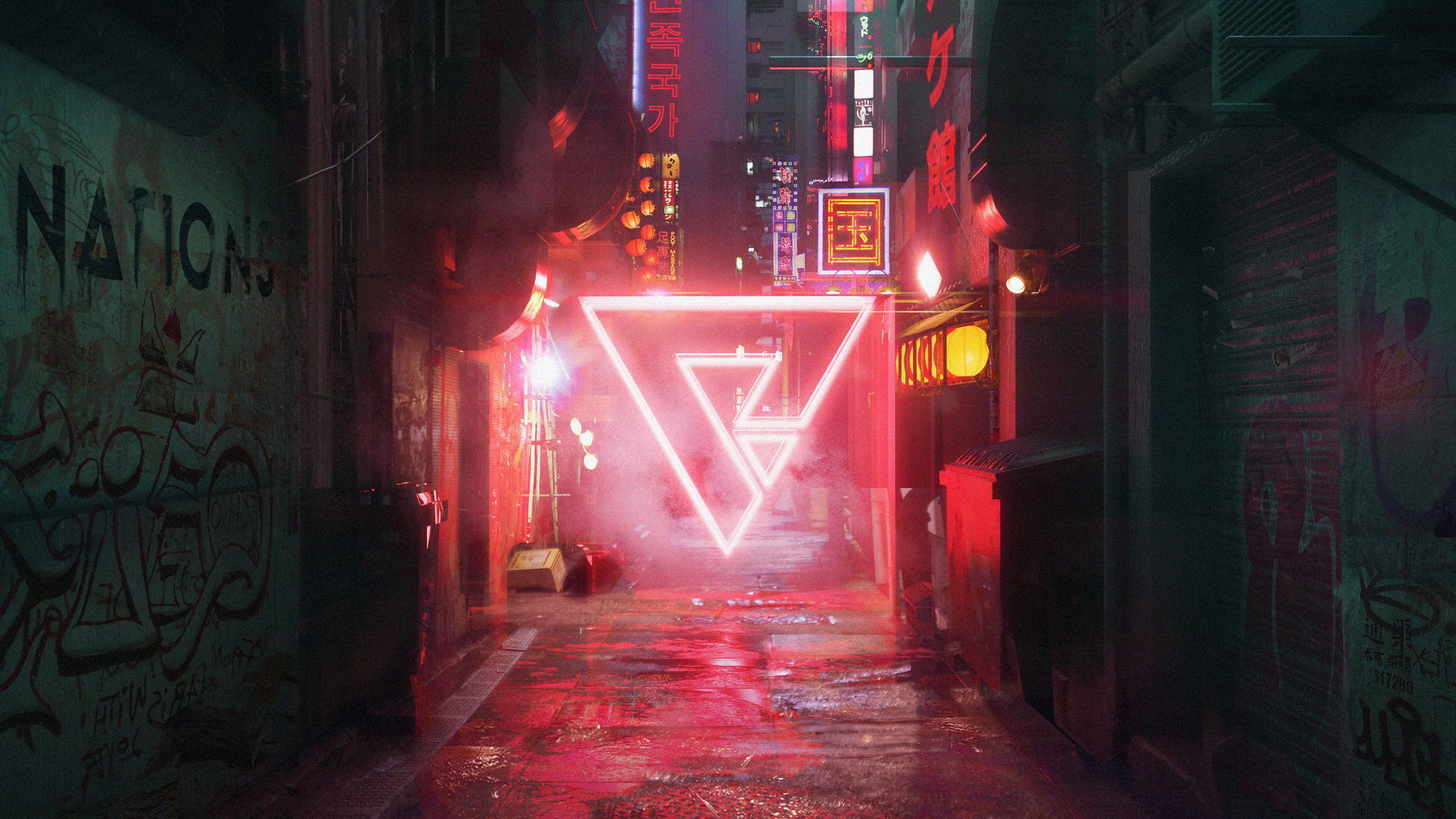 Cyberpunk Street Neon Abstract Triangle Art 5k
