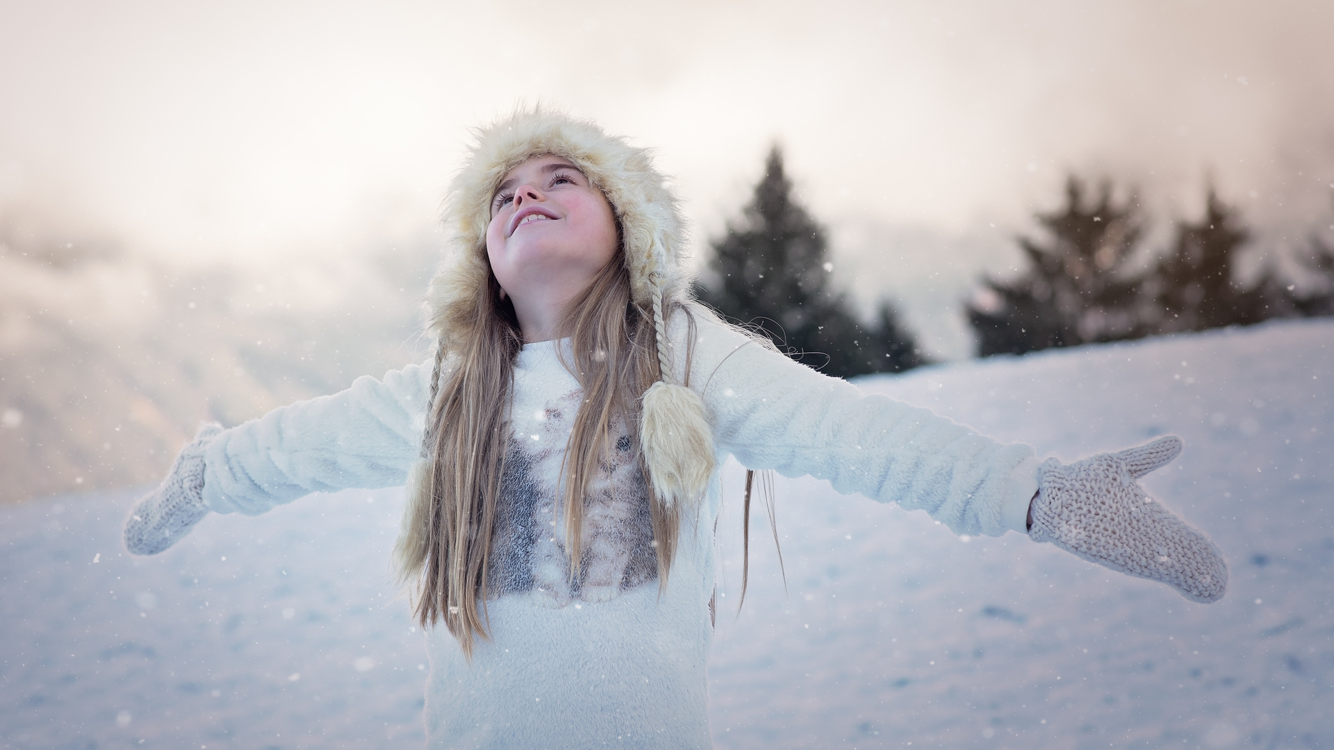Girl Wearing Cap Gloves Snow Playing