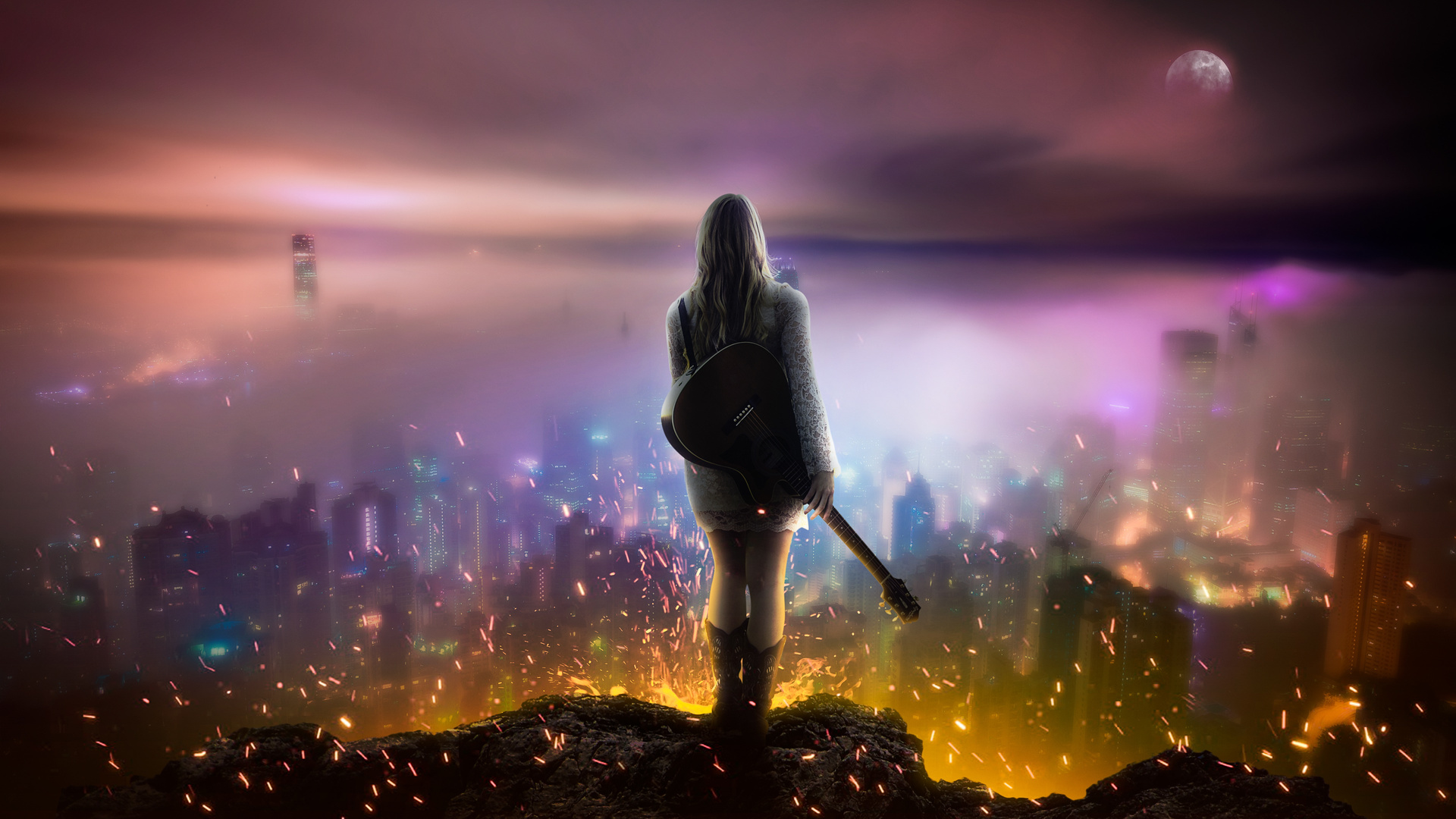 Girl With Guitar Watching City From Top