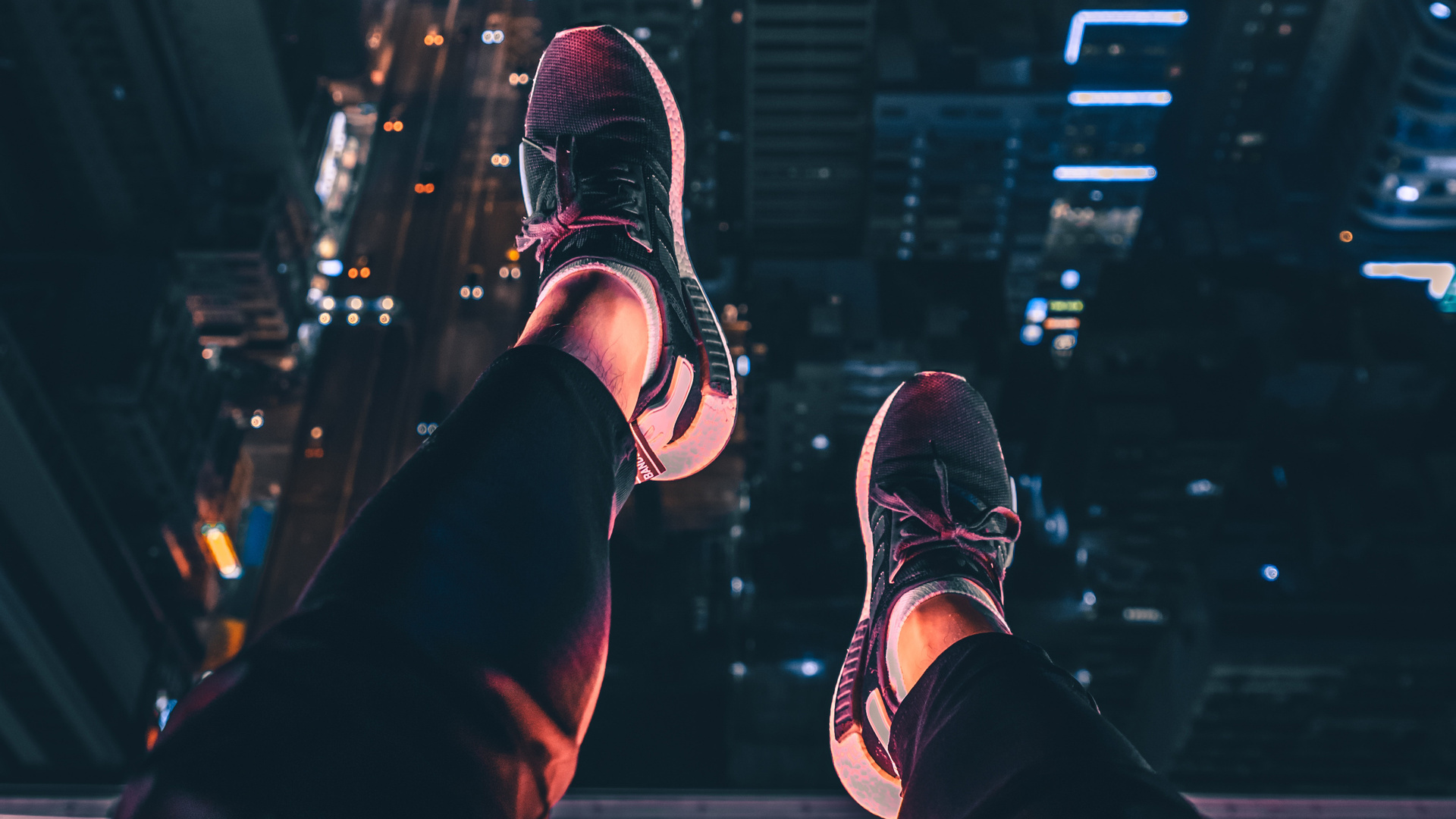 Hanging Shoes In Air City Night View 4k