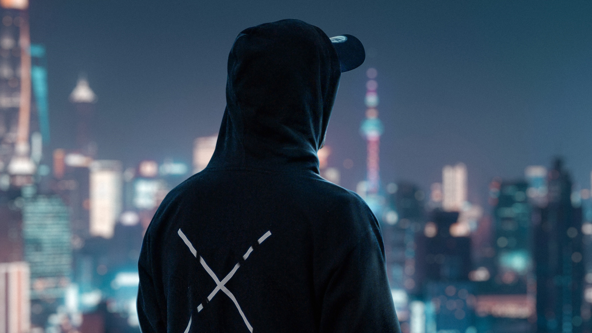 Hoodie Man Looking At City View 4k