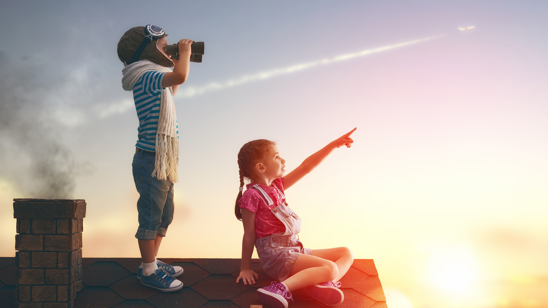 Little Childrens On Roof Watching Sky