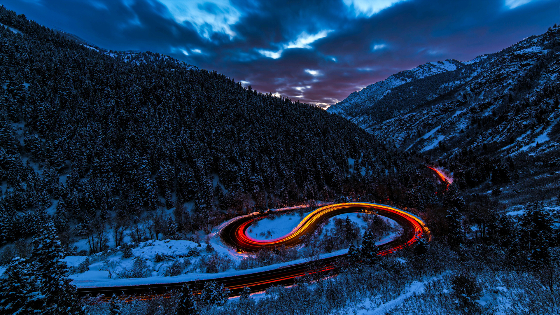 Long Exposure Lights Road Forest Snow 5k