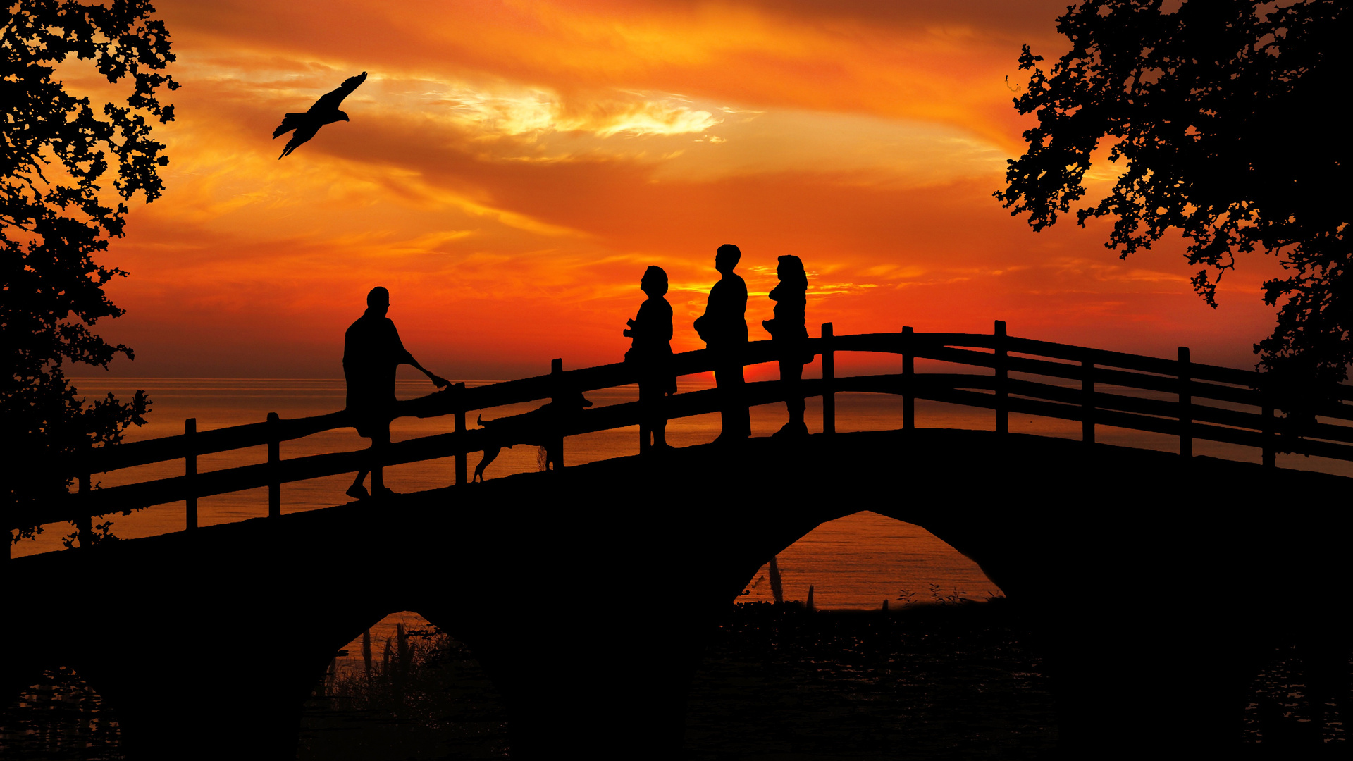 People Standing On Bridge Dog Bird Silhouette