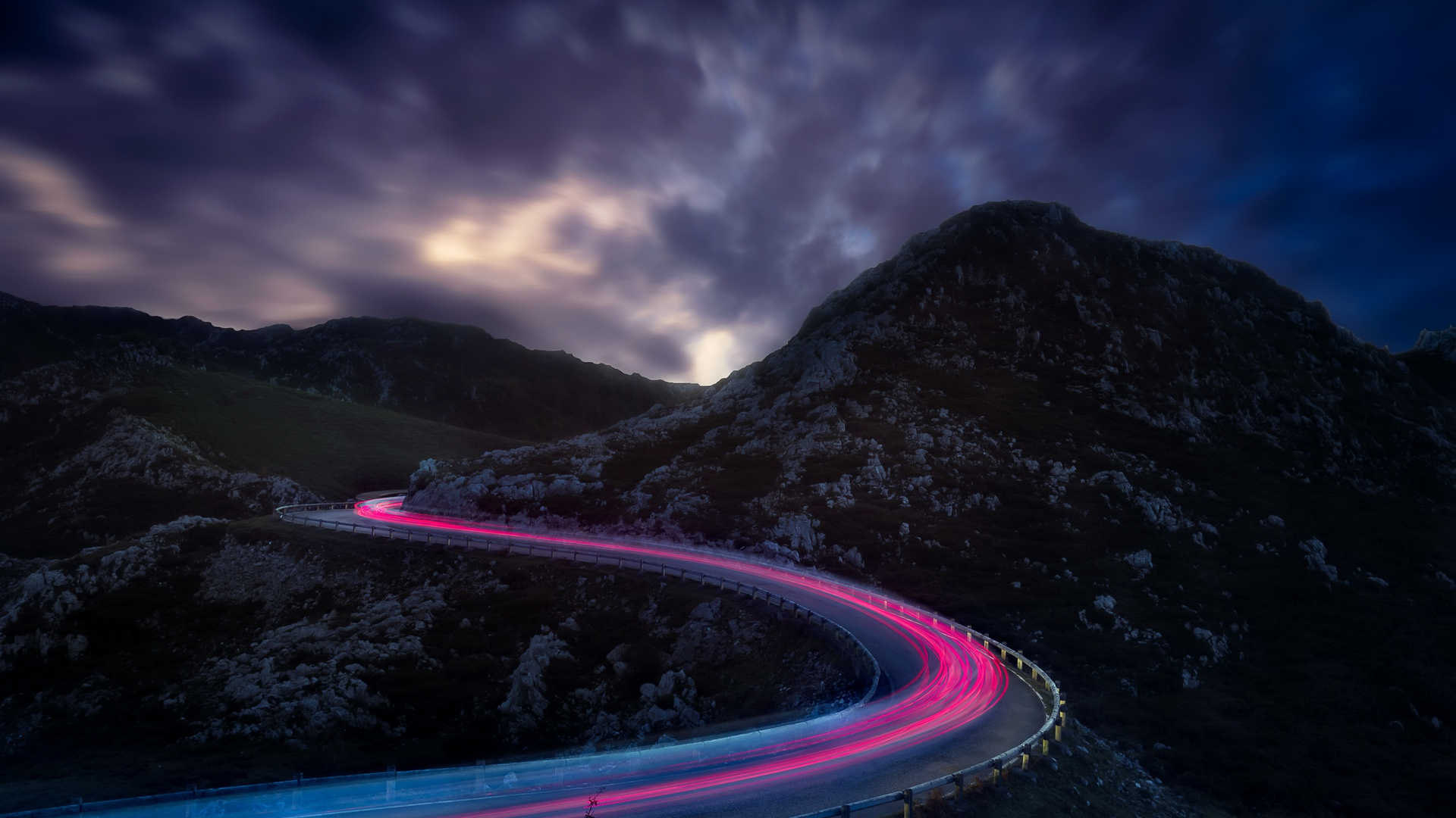 Road Lights Clouds Night