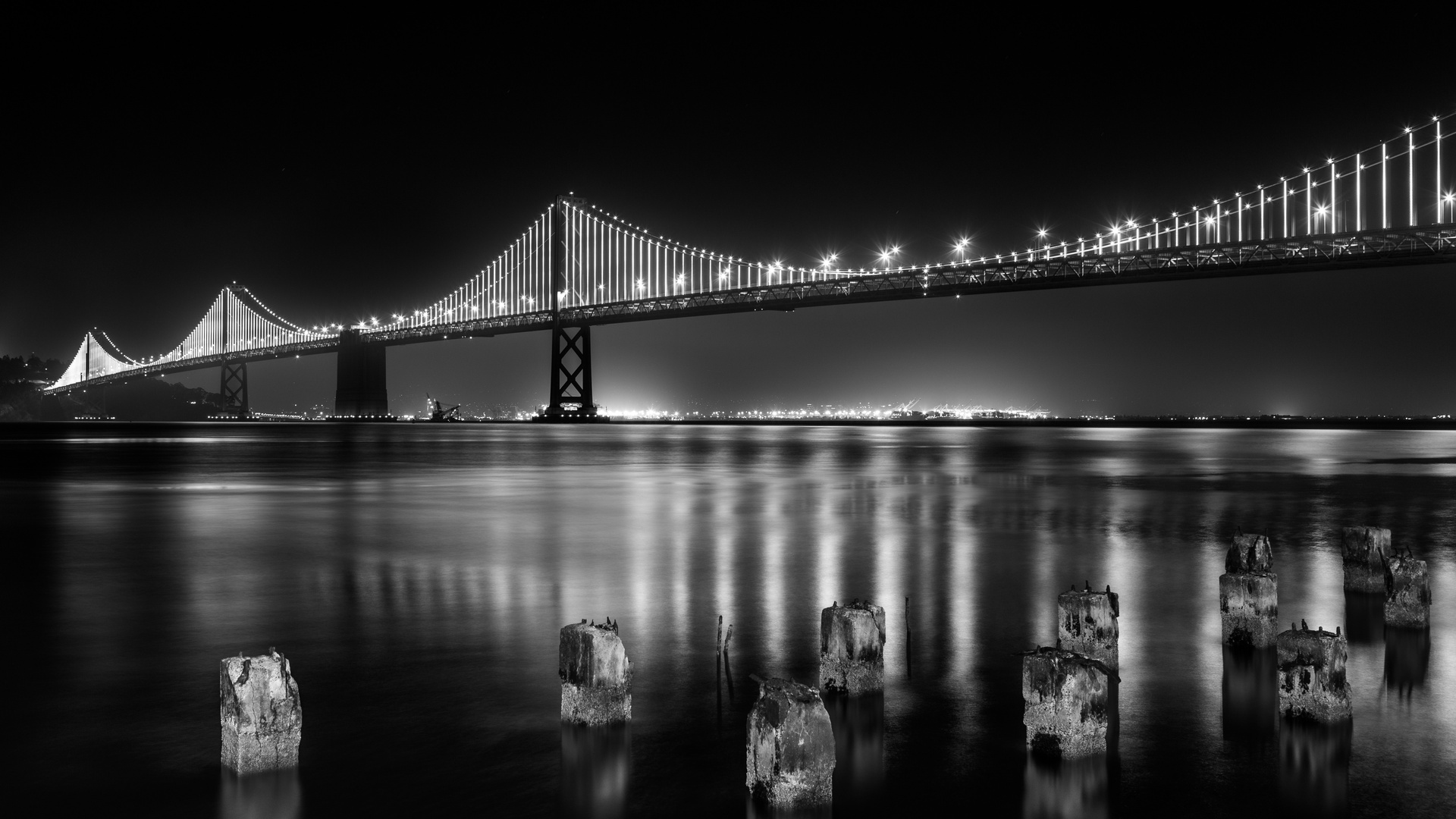 San Francisco Bay Bridge At Night Time Monochrome 5k