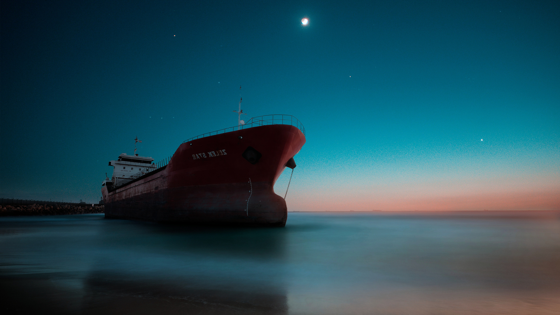 Ship Sea Night Sunset Lake Reflection Water