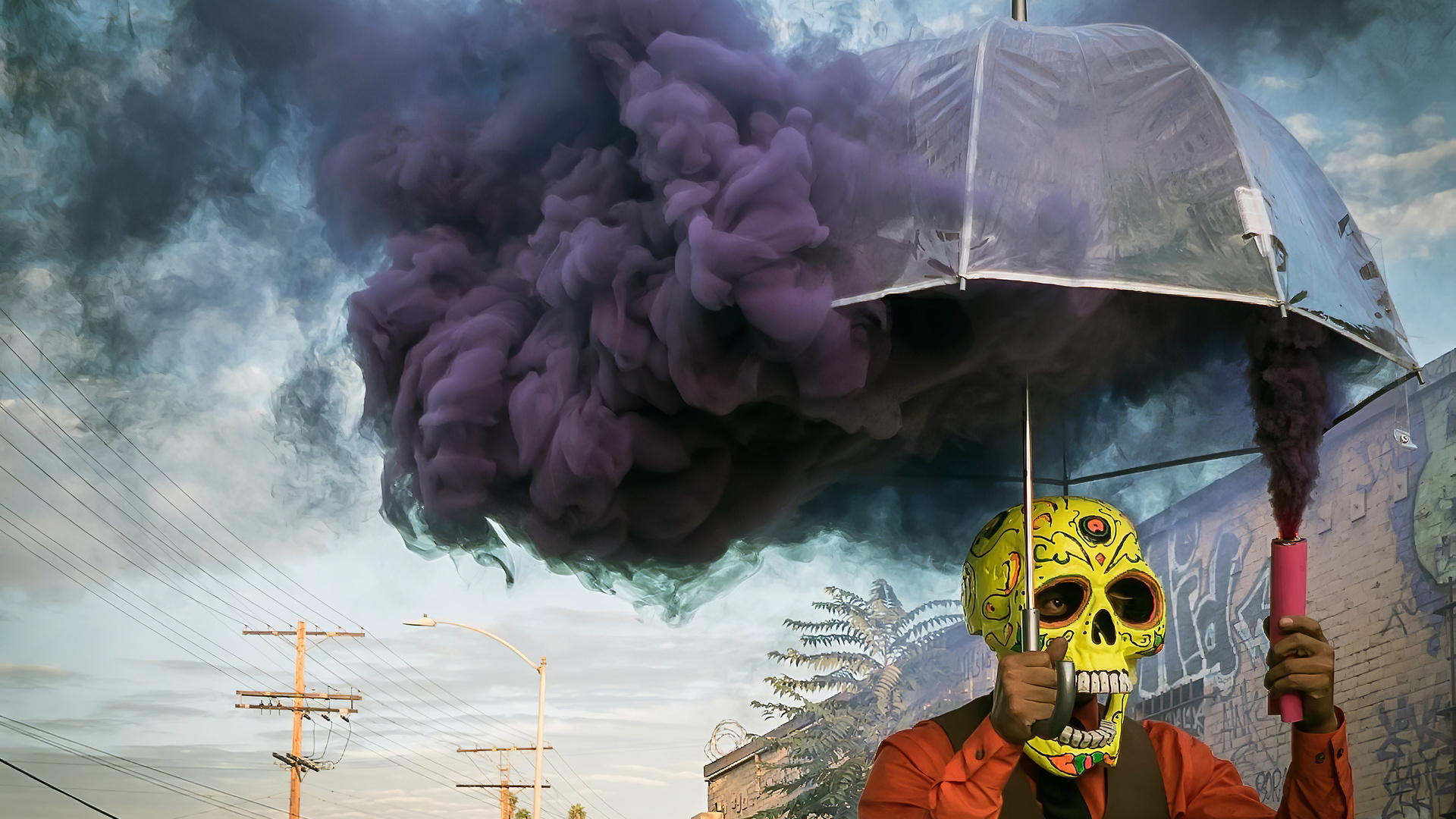 Skull Face Mask Man On Streets 4k