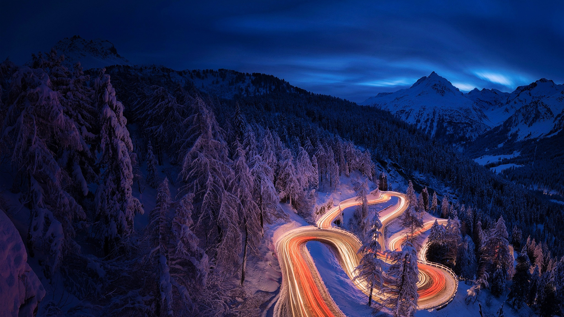 Time Lapse Photography Forest Landscape Mountain Night Road Snow