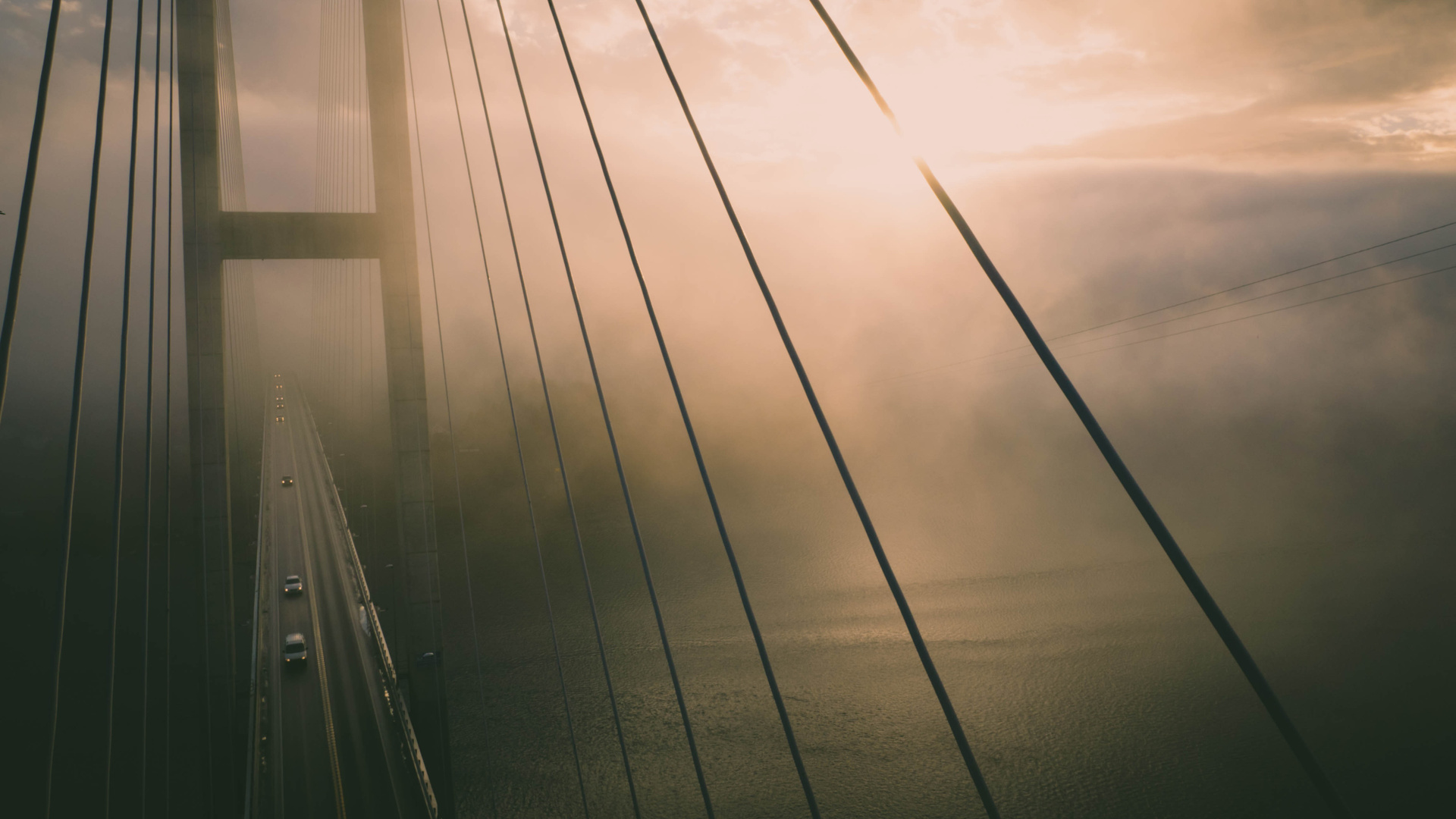 Aerial View Of Bridge Misty Water
