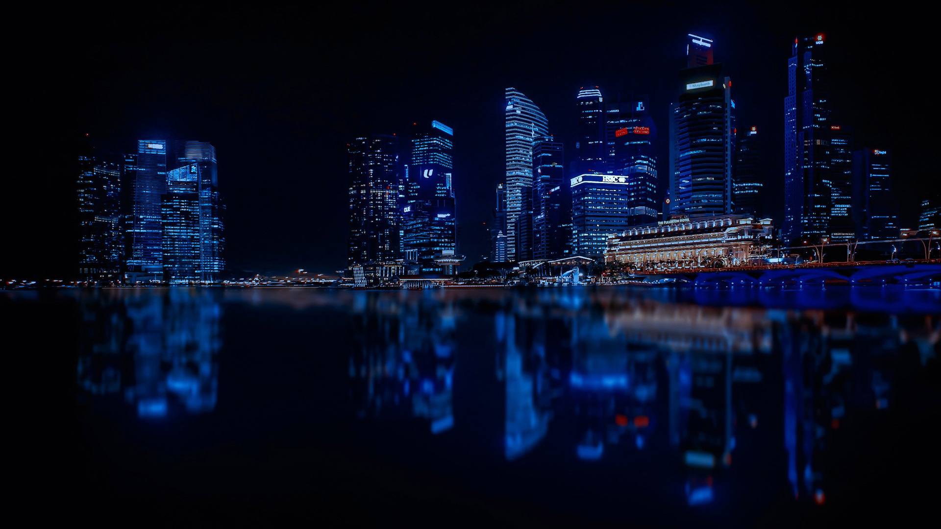 Blue Lights Reflection Water Buildings