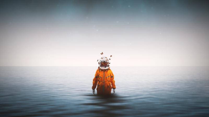 Astronaut Standing Inside Ocean Butterflies Around Helmet 4k