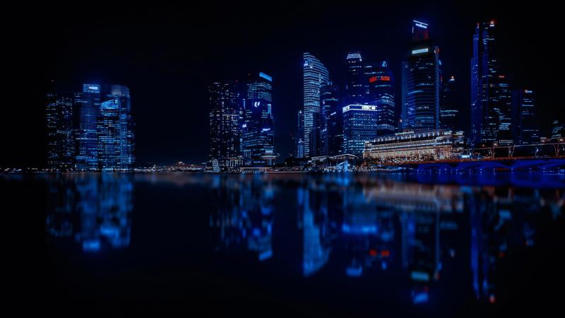 Blue Lights Reflection Water Buildings