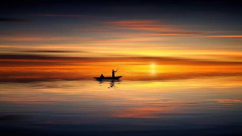 Boat Ocean Sunset Landscape 5k