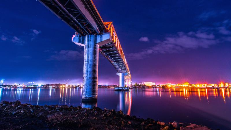 Bridge Under Water City Lights Colorful 5k