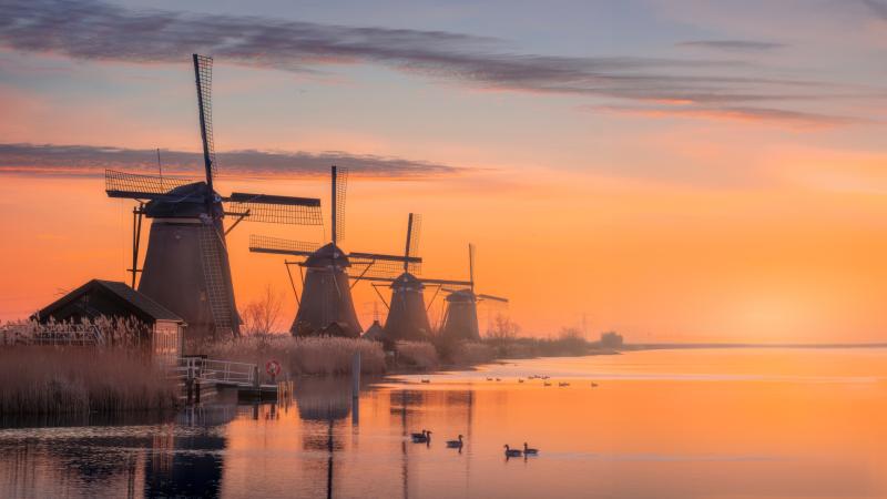 Windmill Village In Netherlands