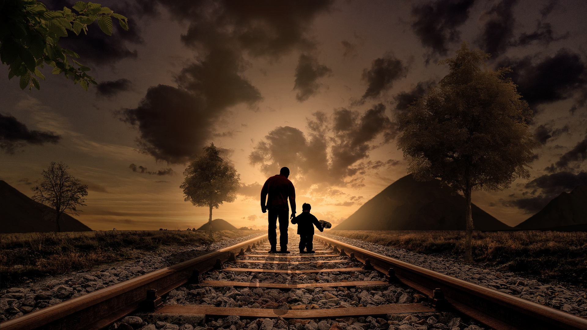 Father Son Walking Railraod