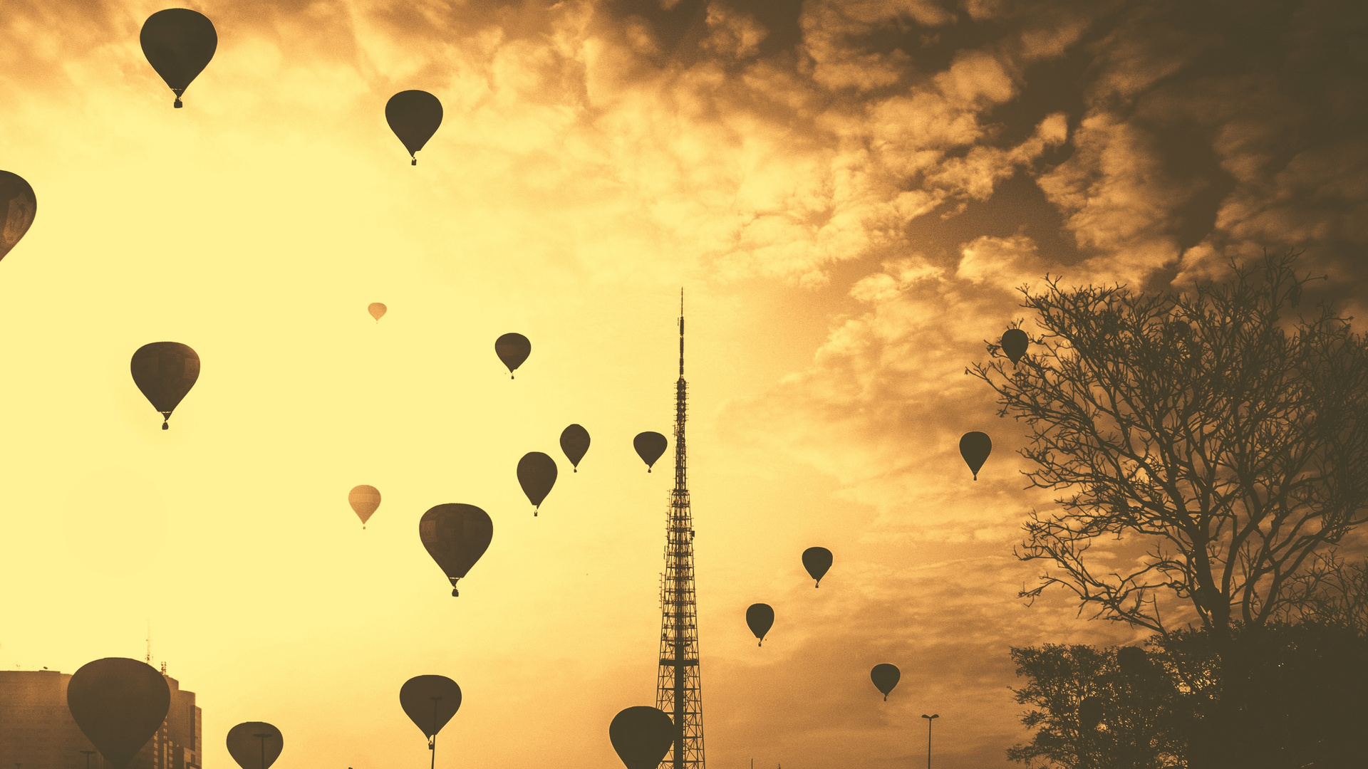 Hot Air Balloons Tower Orange Contrast Clouds 5k