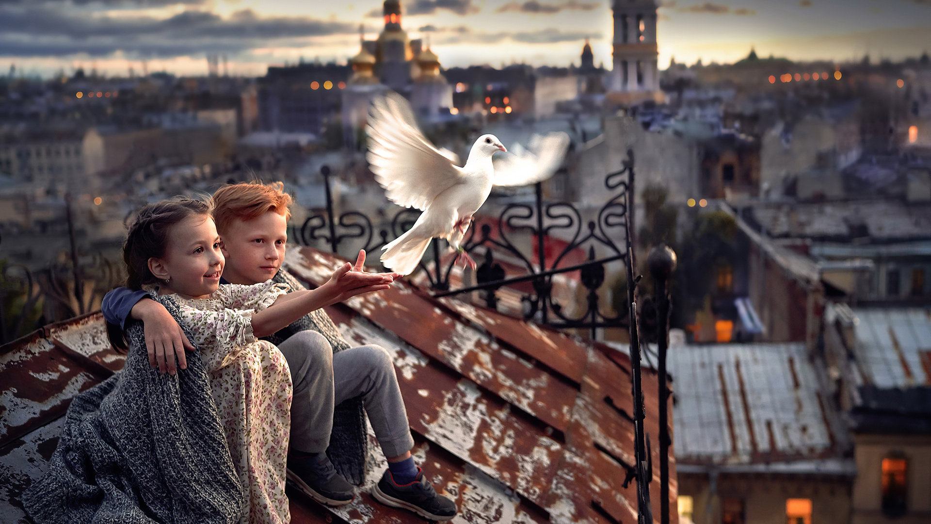 Little Boy And Girl Pigeon Roof 4k