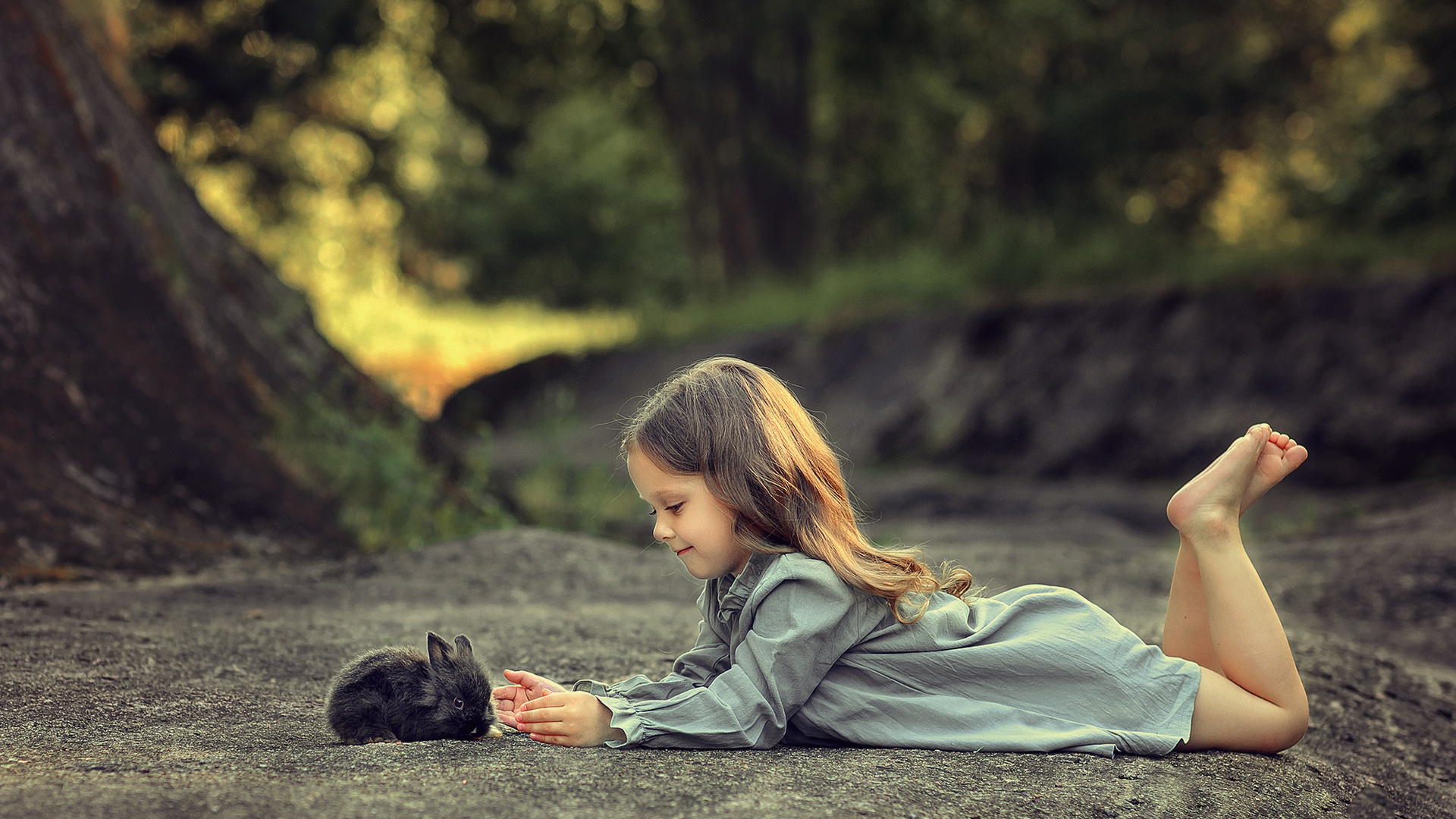 Little Girl Lying Down And Playing With Rabbit