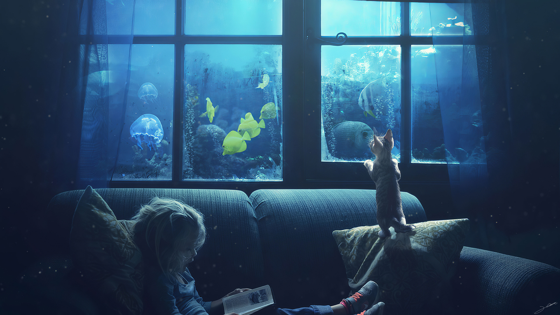 Little Girl Reading Book Cat Manipulation