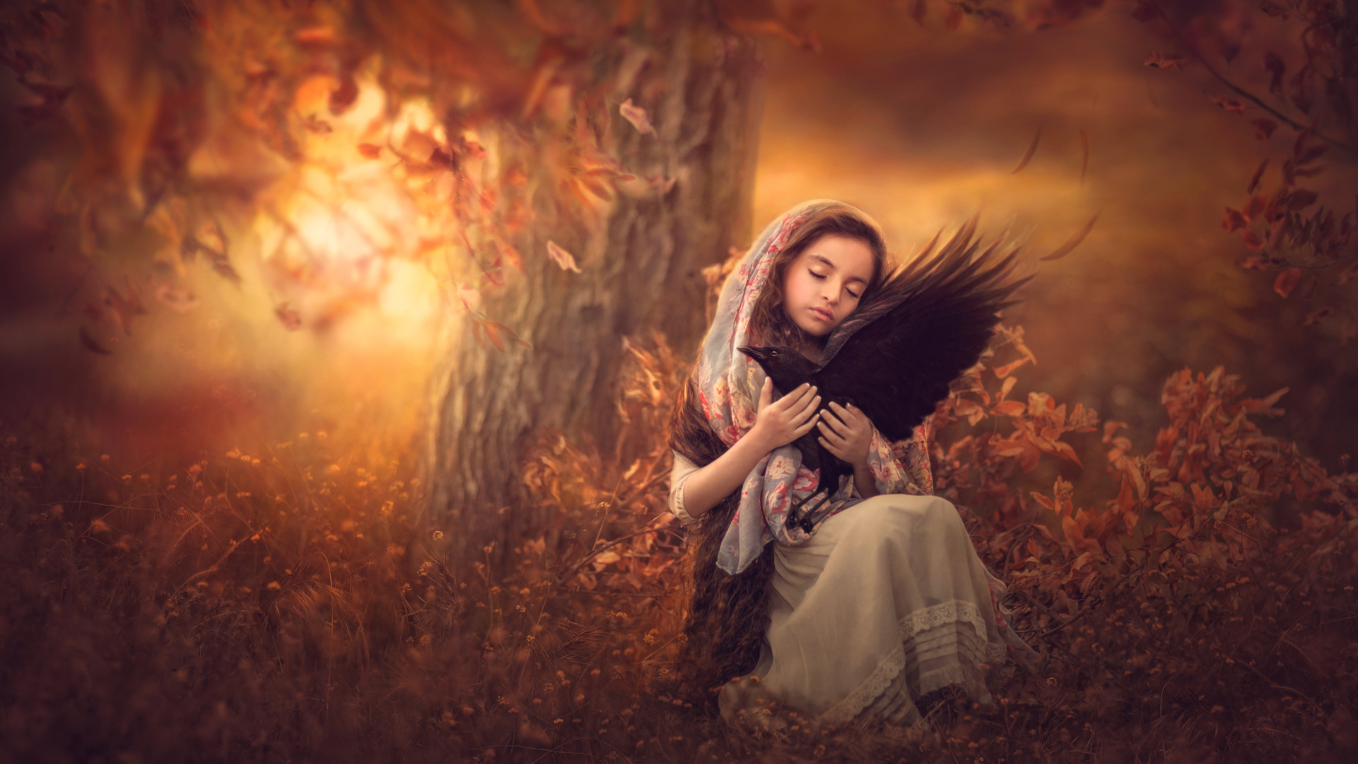 Little Girl With Bird Sitting On Lap 5k